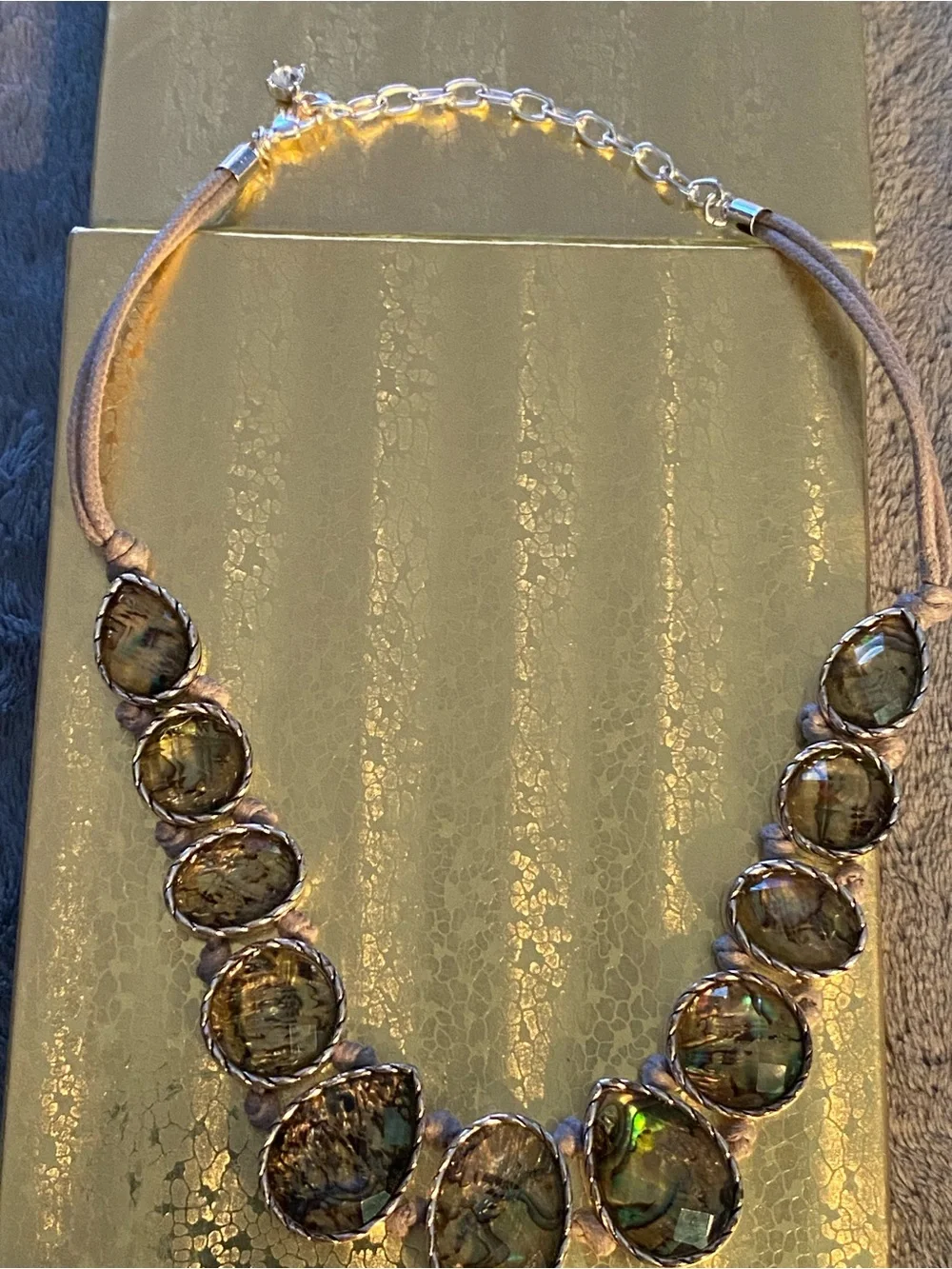 Abalone Shell Statement Necklace - Iridescent Green, Blue & Silver Corded